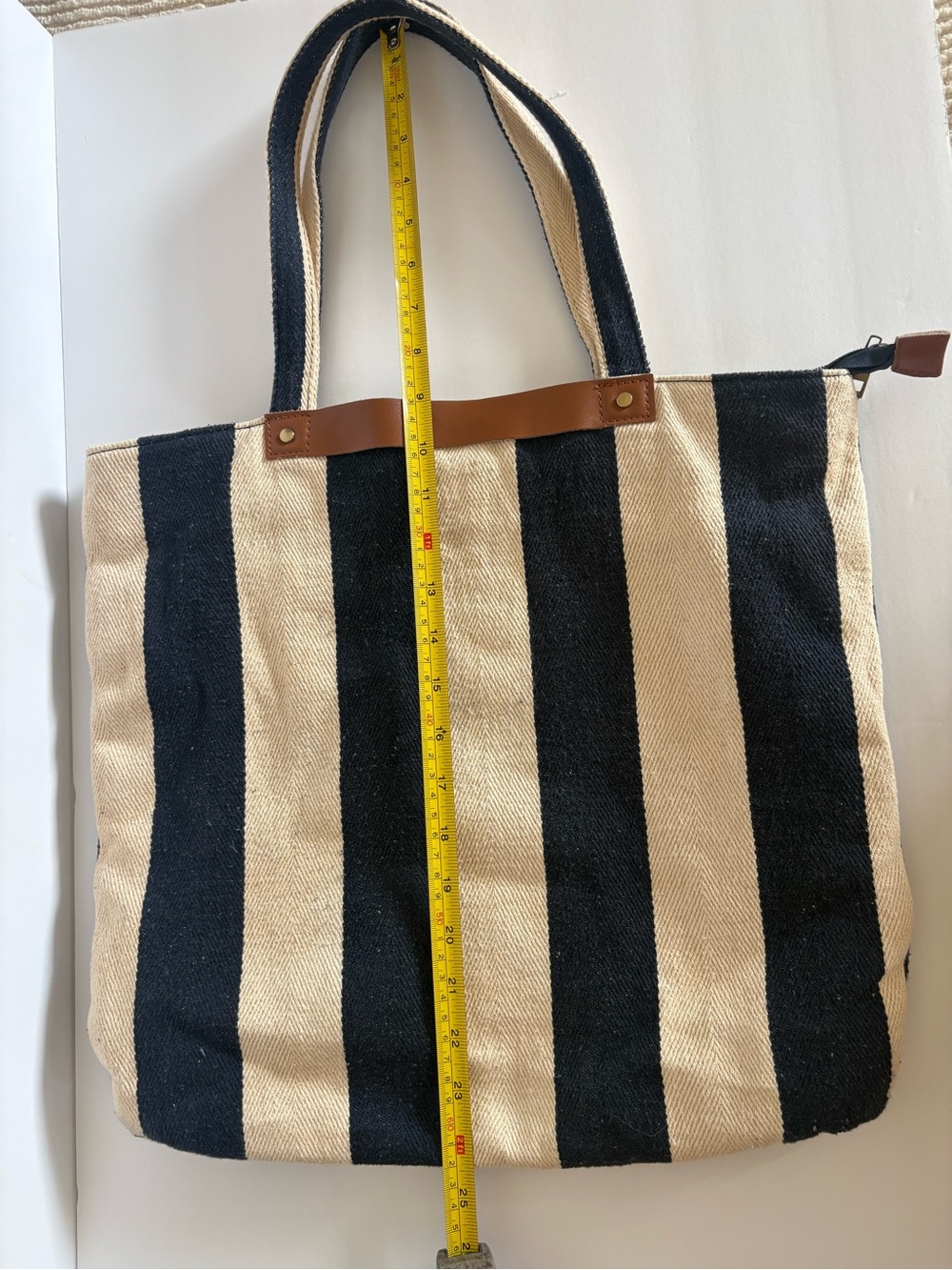 Street Level Navy Cream Striped Canvas Tote Bag Large Shoulder Bag - Picture 5 of 6